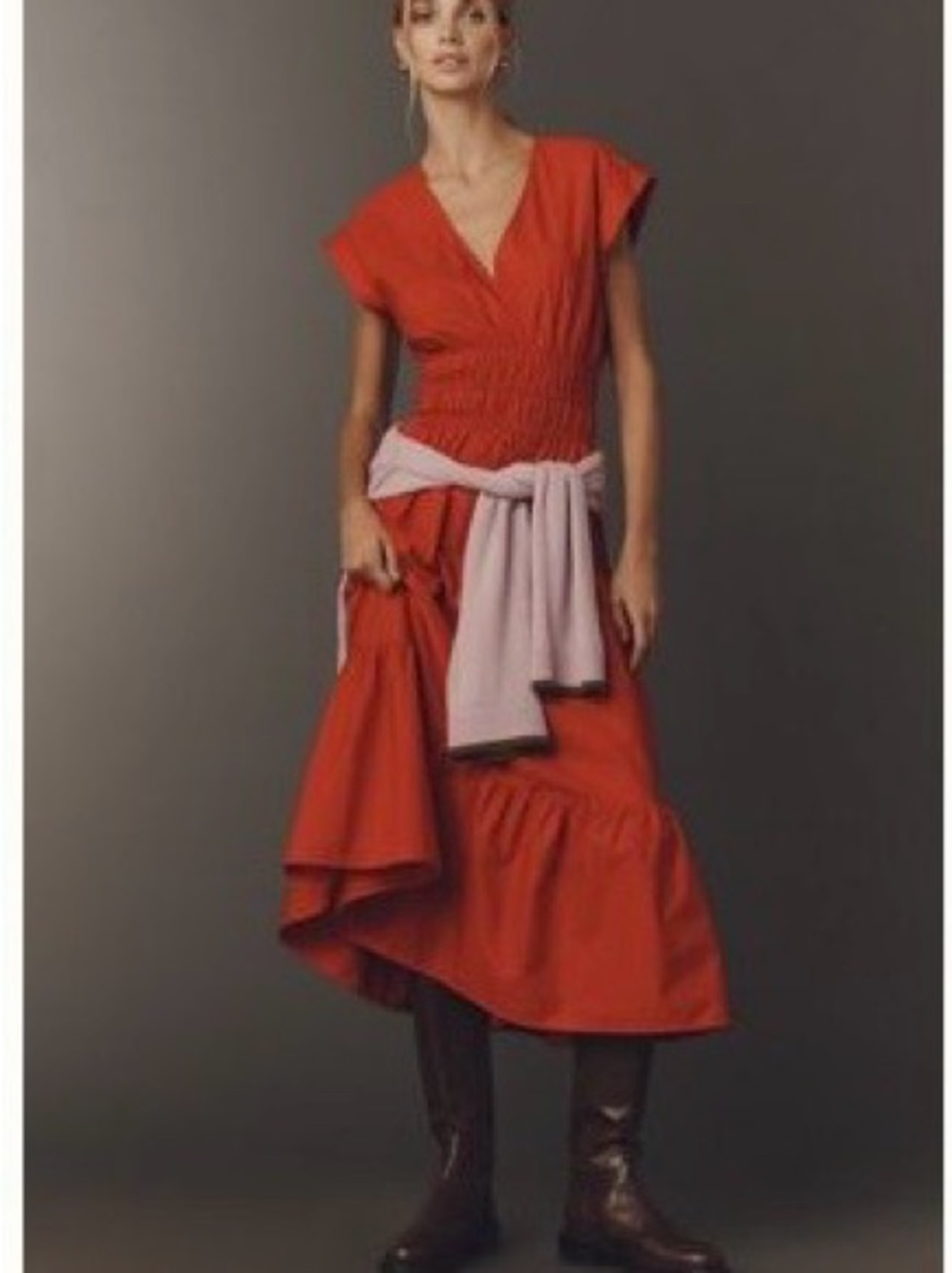 Maeve Red Midi Dress with Lavender Wrap Accent